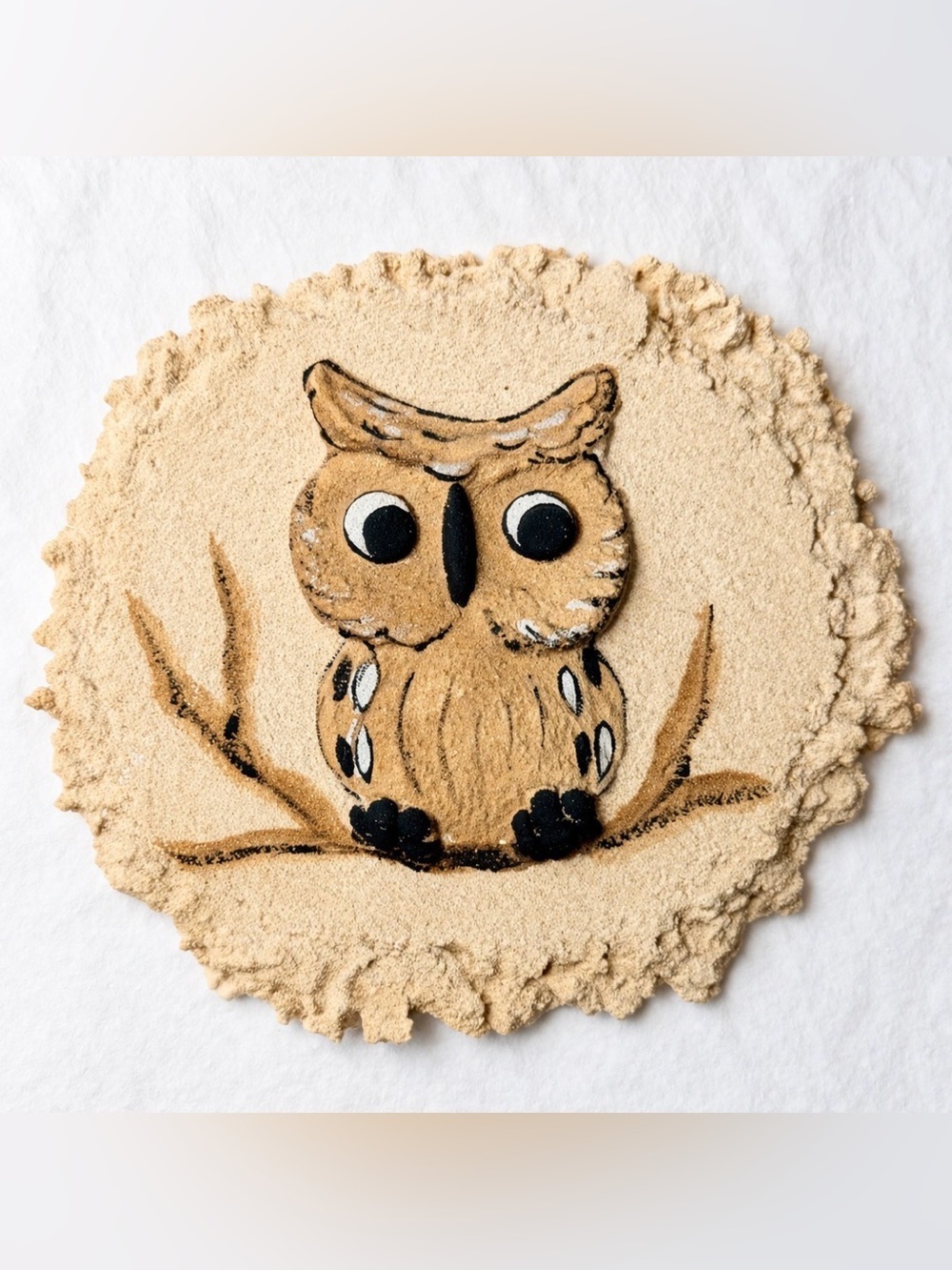 1970s Adorable Owl Sand Art Accent - Neutral Beige & Black